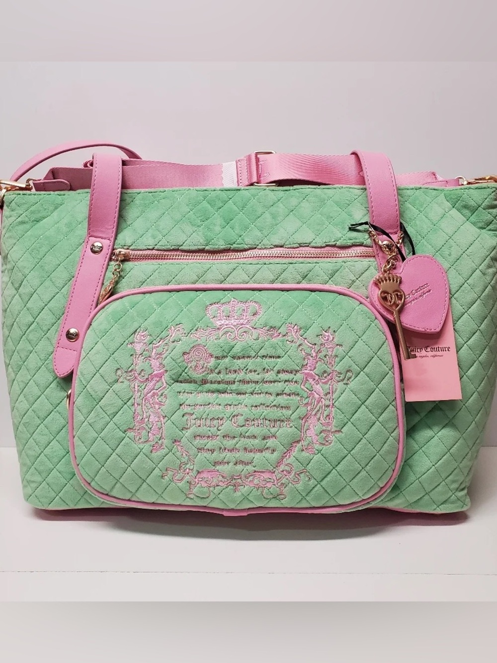 Juicy Couture Retro Green and Pink Tale Quilted Weekender Bag
